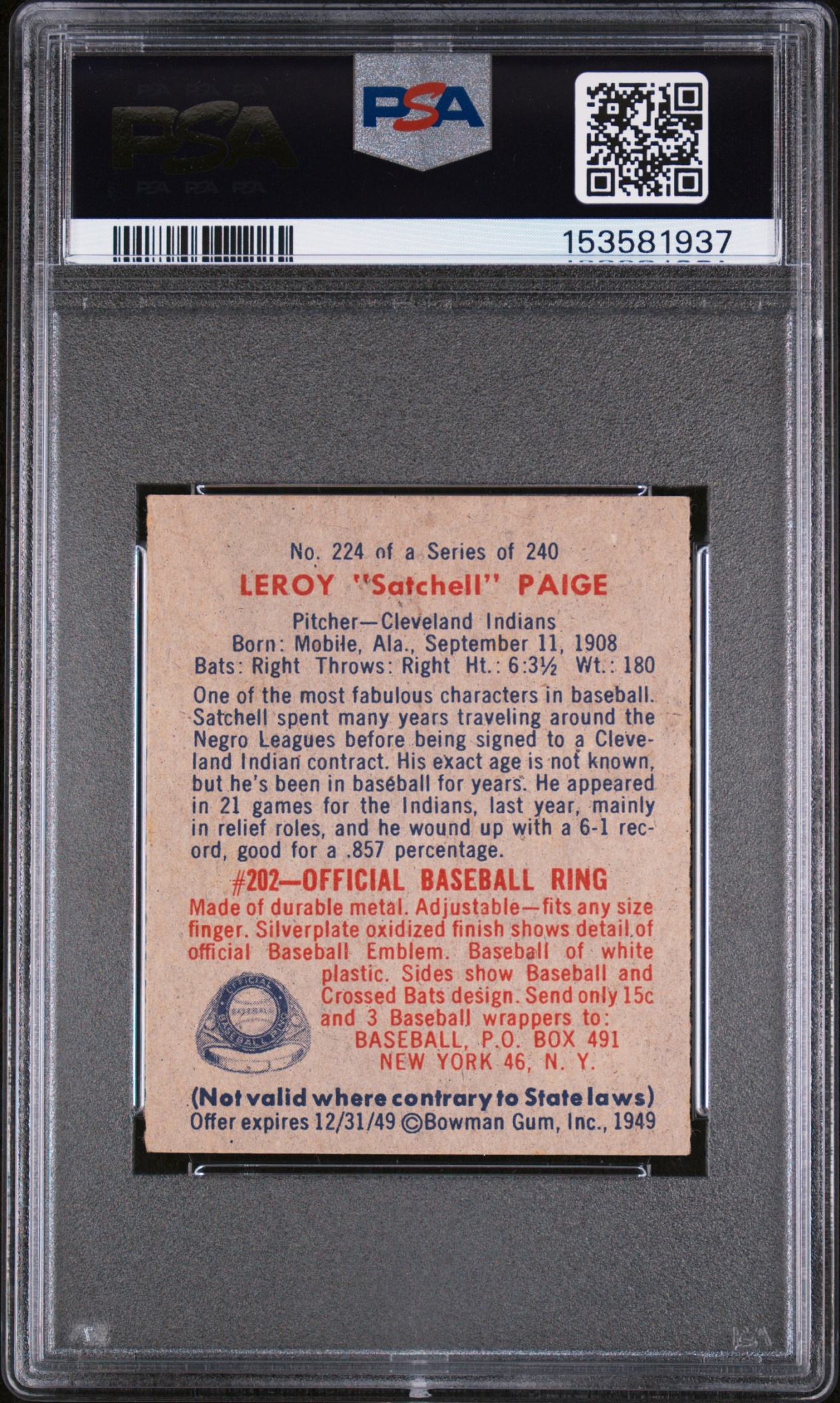 Back of the 1949 Bowman Satchel Paige rookie card graded PSA 5