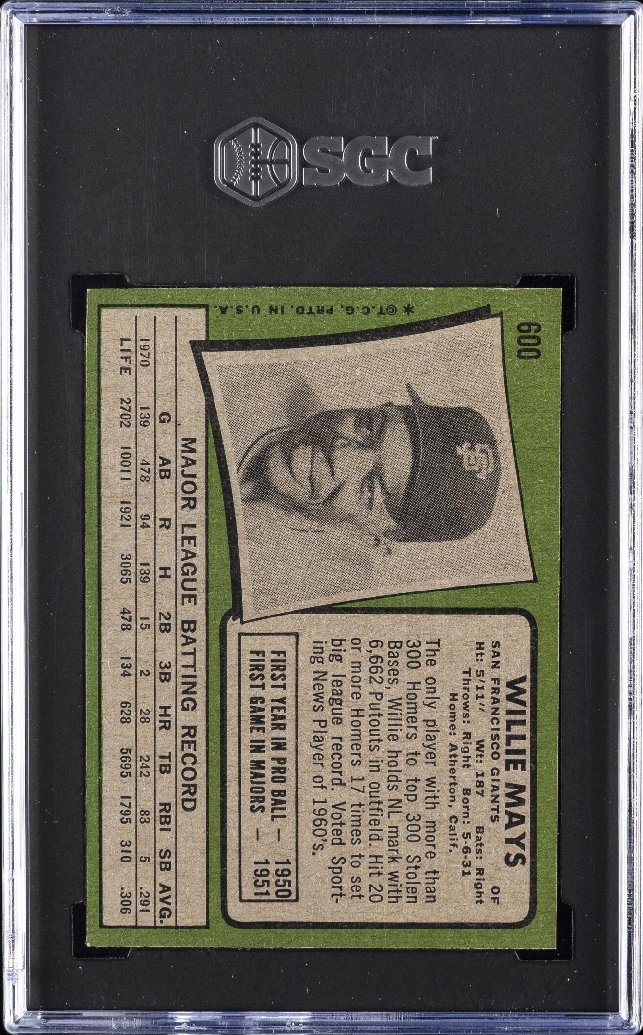 Back of the 1971 Topps Willie Mays card graded SGC 8