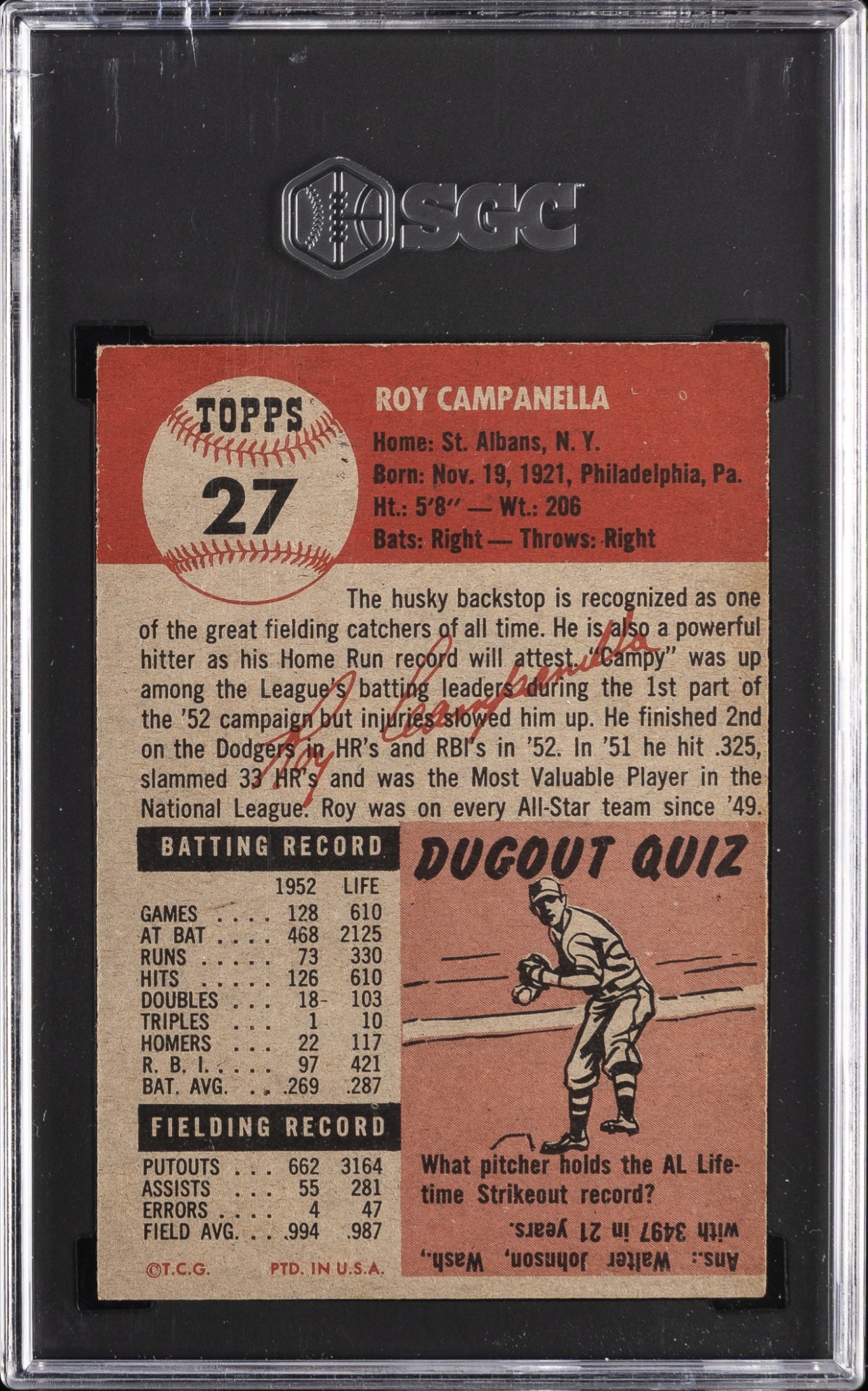 Back of the 1953 Topps Roy Campanella card graded SGC 5