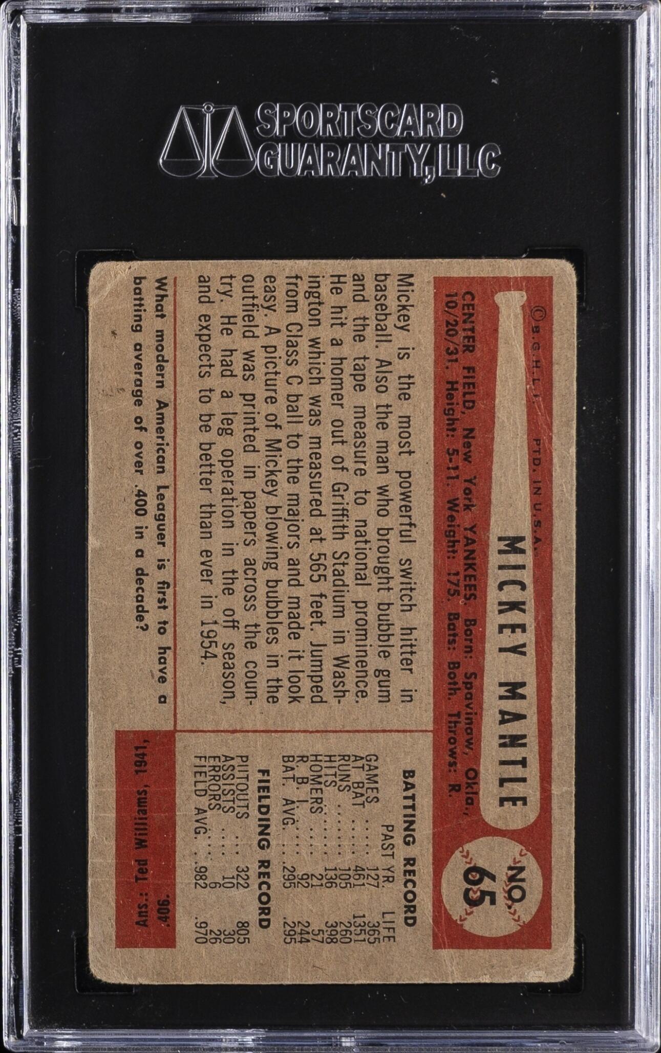 Back of the 1954 Bowman Mickey Mantle card graded SGC 1.5
