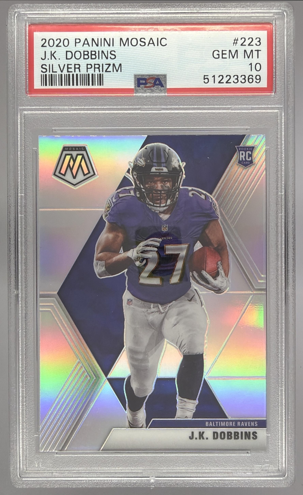 Card image for 2020 Panini Football Mosaic J.K. Dobbins Mosaic Prizm #223 RC Baltimore Ravens