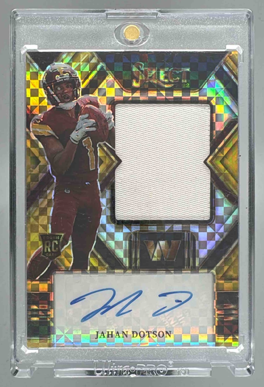 Card image for 2022 Panini Select Jahan Dotson Jumbo Rookie Signature Swatches Gold Prizm /10 #JRS-JD MEM Auto RC Commanders