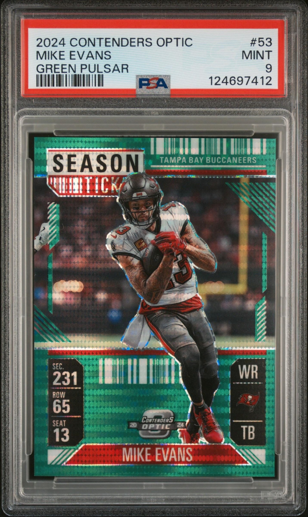 Card image for 2024 Panini Contenders Optic Mike Evans Season Ticket Green Pulsar Prizm /49 #53 Buccaneers