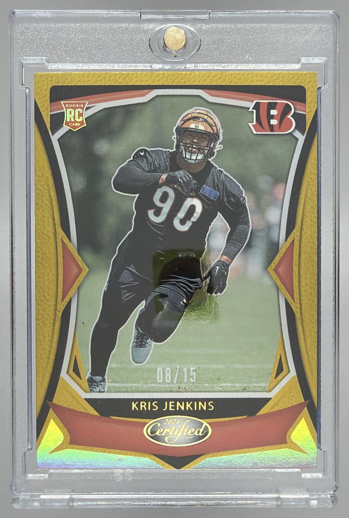 Card image for 2024 Panini Certified Kris Jenkins Rookies Gold Mirror FOTL /15 #139 RC Bengals