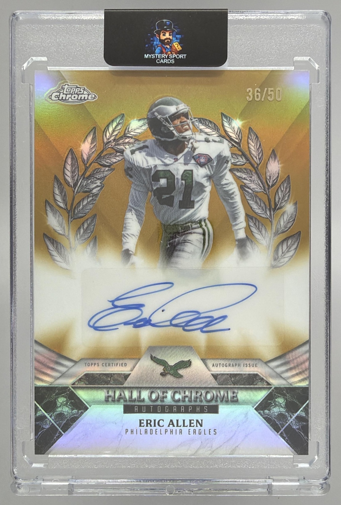 Card image for 2025 Topps Chrome Eric Allen Hall of Auto Gold Refractor /50 #HOCA-EA Eagles