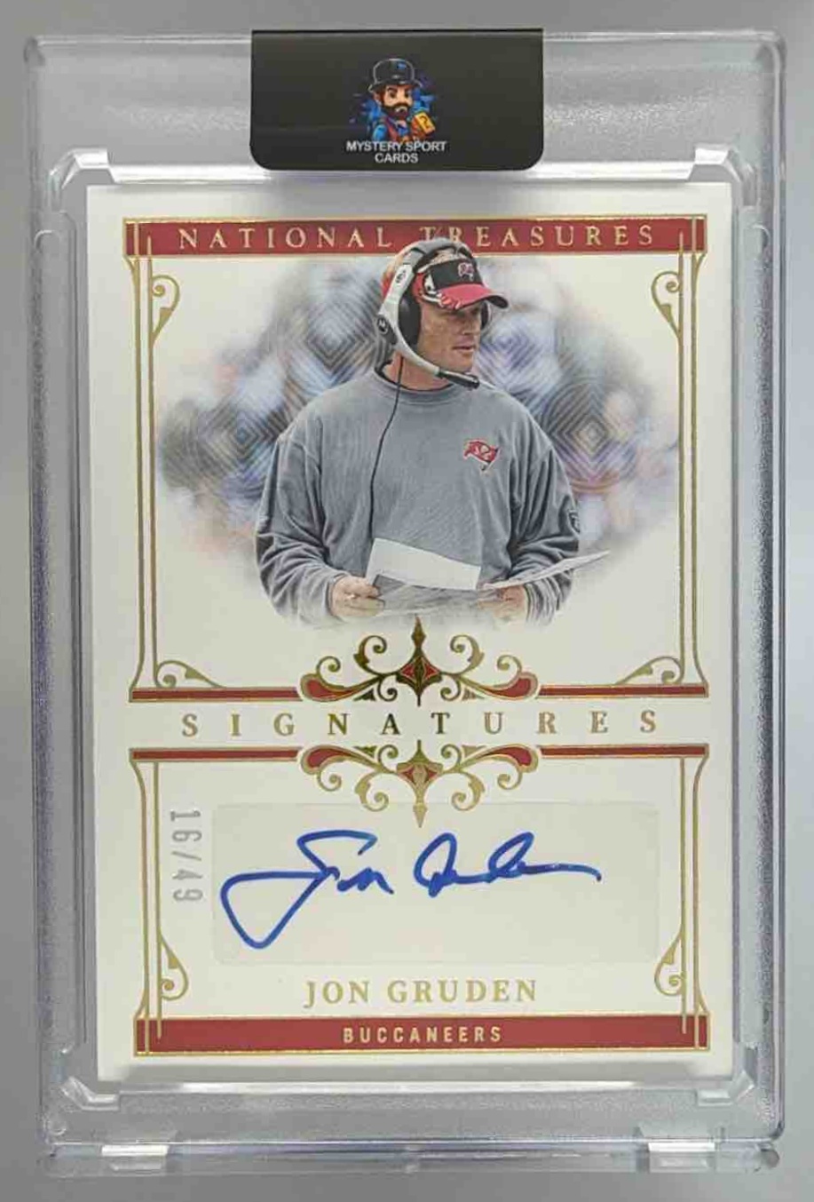 Card image for 2025 Panini National Treasures Jon Gruden Signatures Gold /49 #SIG-JGN Auto Buccaneers