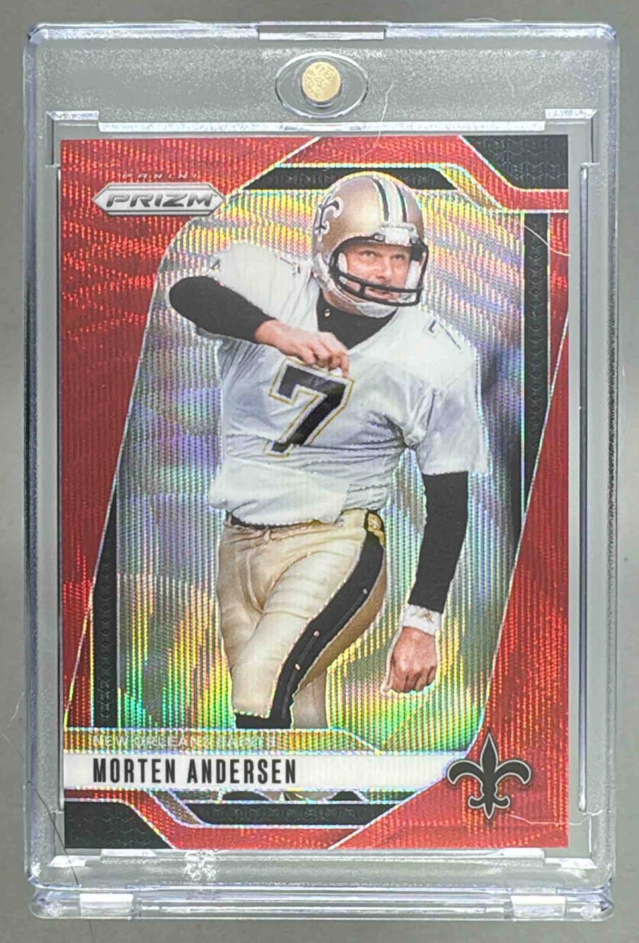 Card image for 2024 Panini Football Prizm Morten Andersen Red Wave /149 #211 New Orleans Saints