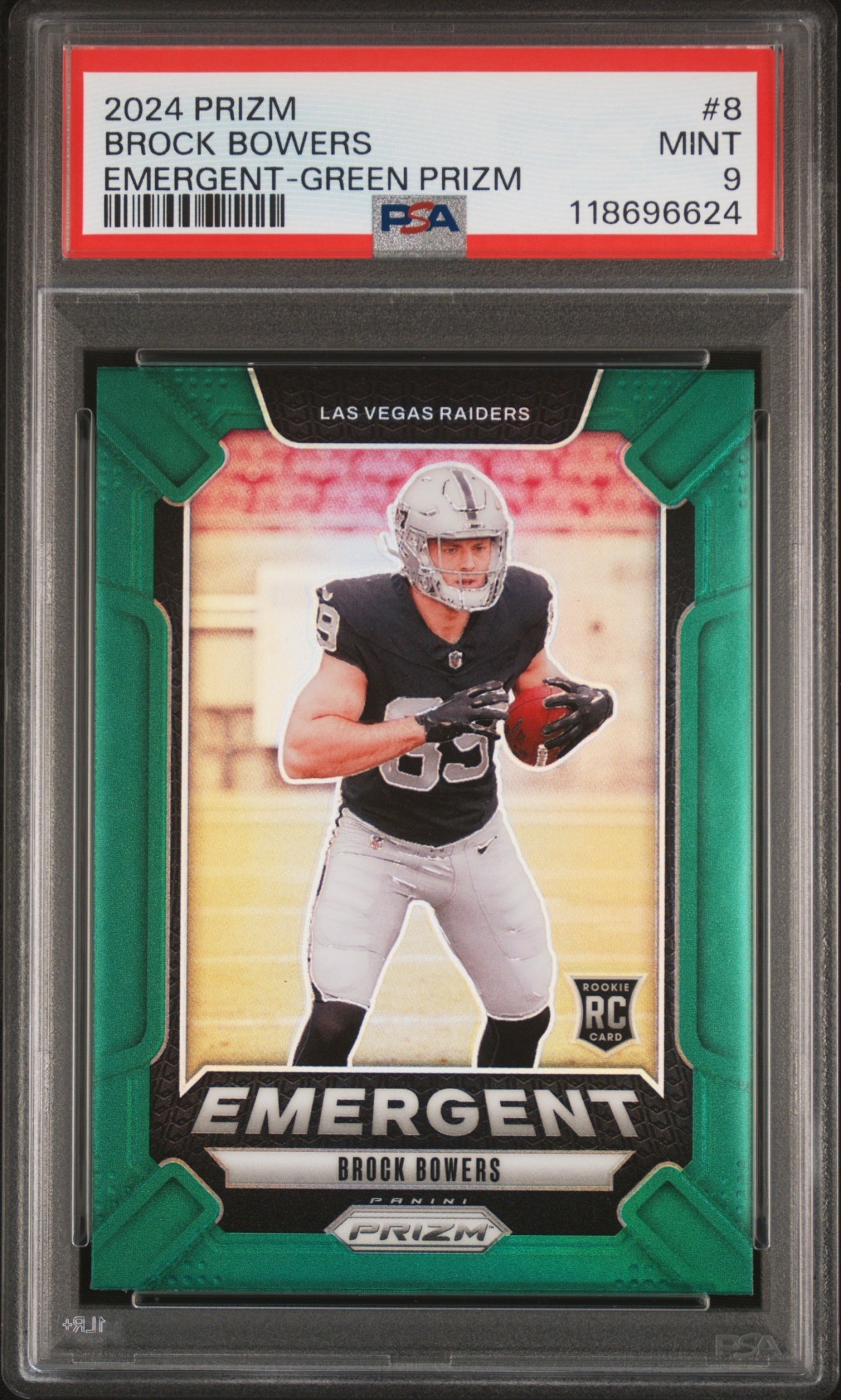Card image for 2024 Panini Football Prizm Brock Bowers Emergent Green #8 RC Las Vegas Raiders