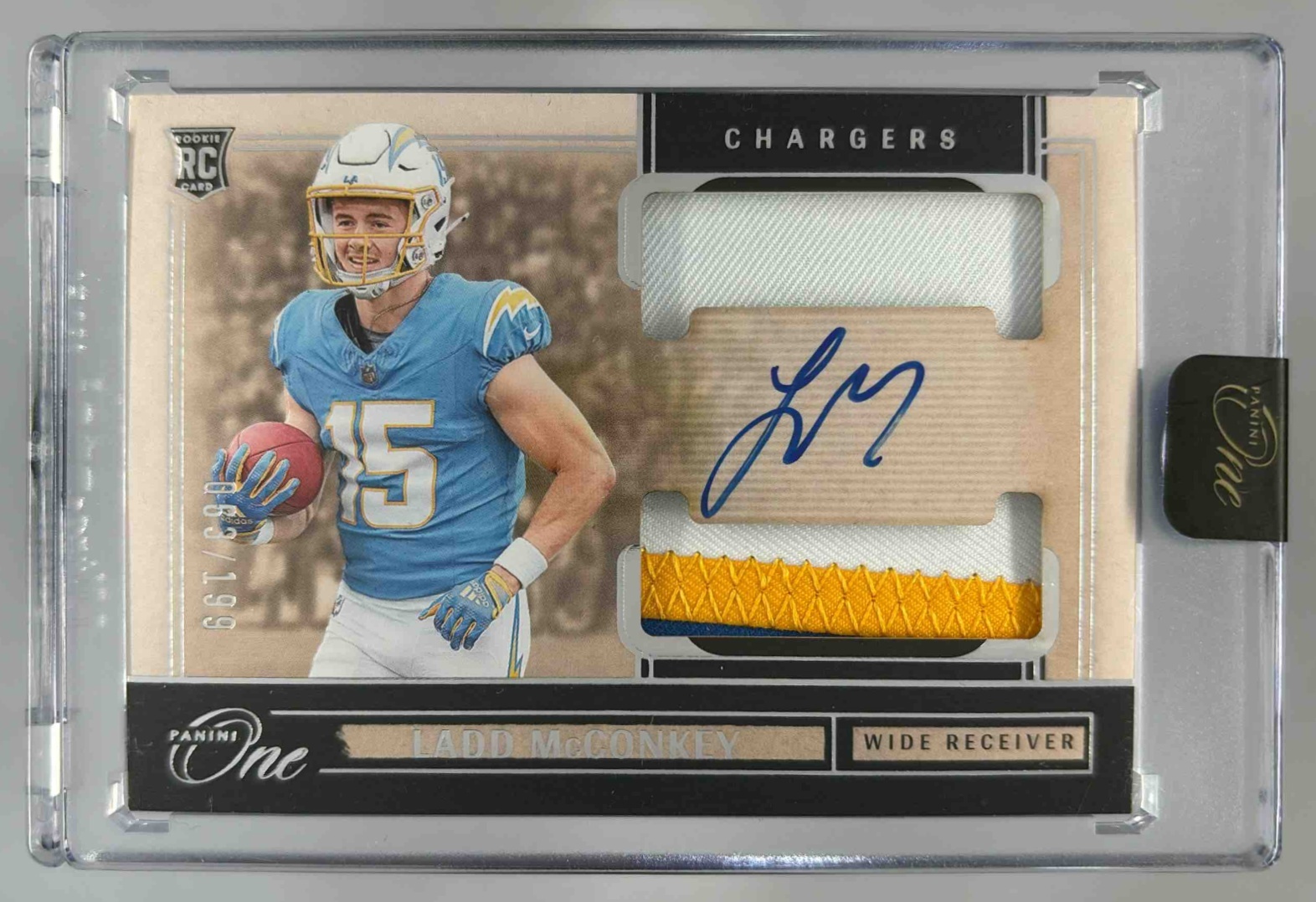 Card image for 2024 Panini One Ladd McConkey Rookie Dual Patch Auto /199 #39 RC MEM Chargers