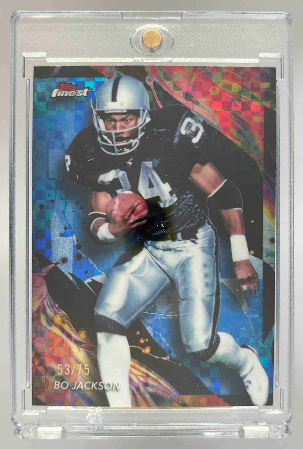 Card image for 2024 Topps Finest Bo Jackson Blue Checkerboard Refractor /75 #142 Uncommon Raiders