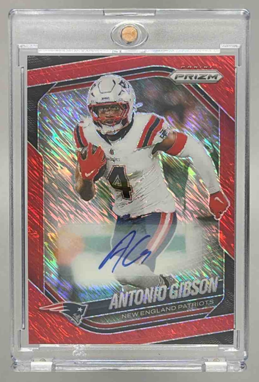 Card image for 2025 Panini Prizm Antonio Gibson Auto Green Shimmer /5 #224 Patriots