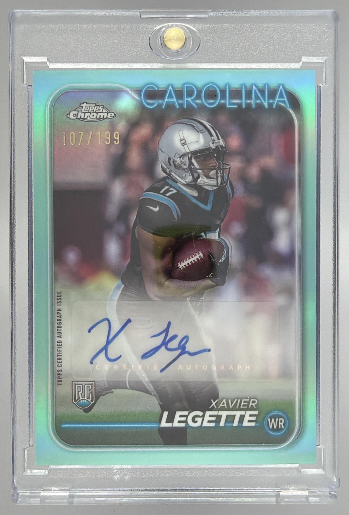 Card image for 2024 Topps Chrome Xavier Legette Rookie Auto Aqua Refractor /199 #RA-XLE RC Panthers