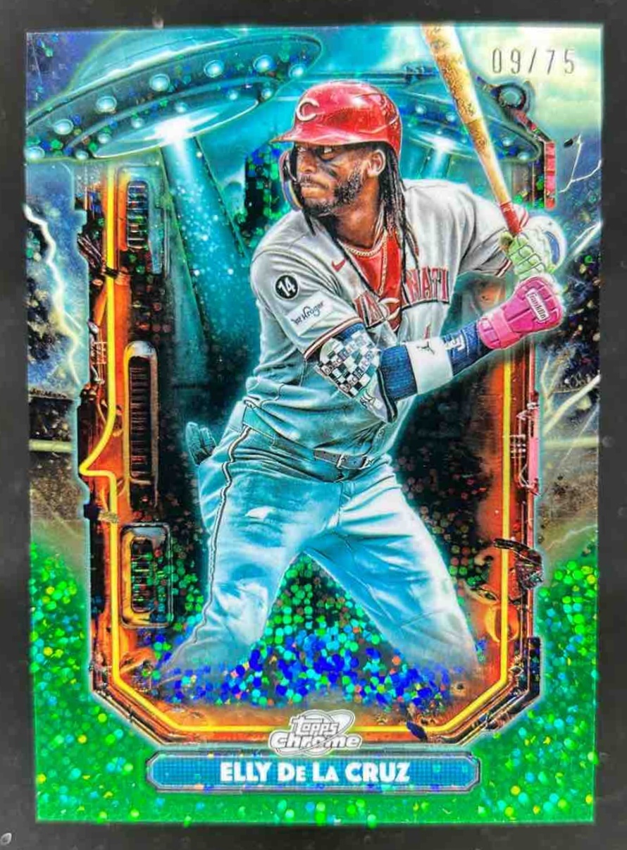 Card image for Elly De La Cruz 2025 Topps Cosmic Chrome Extraterrestrial Talent Green Space Dust Refractor /75