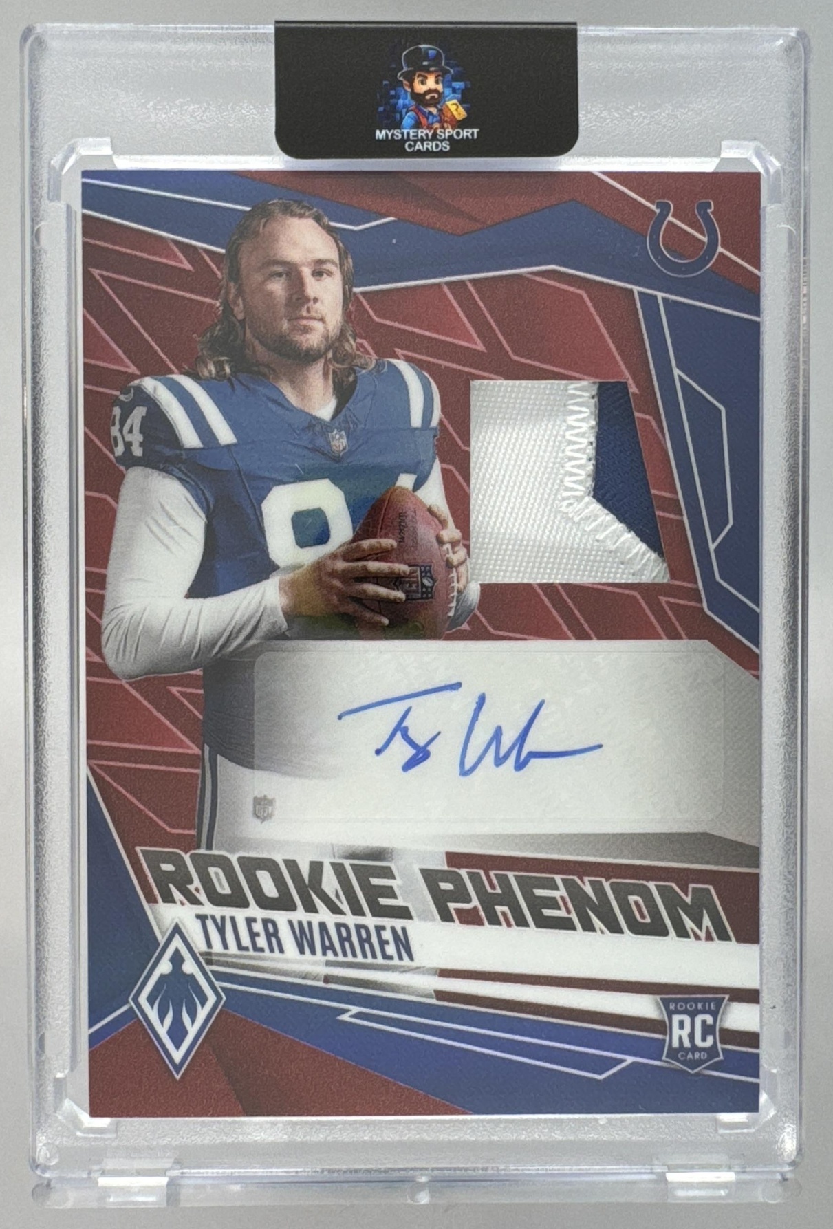 Card image for 2025 Panini Phoenix Tyler Warren Rookie Phenoms Jersey Auto Red Prizm /99 #RPJ-TWN MEM RC Colts