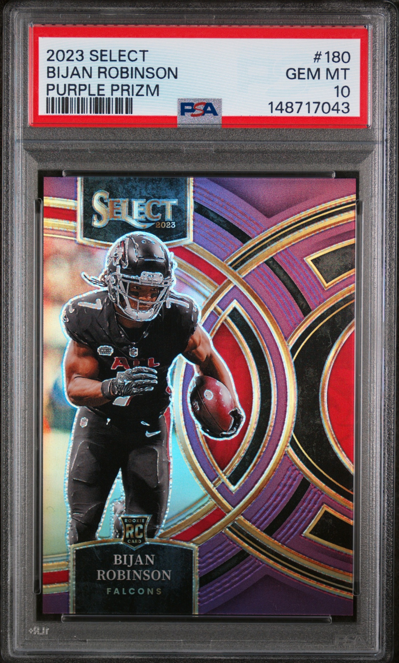 Card image for 2023 Panini Select Bijan Robinson Purple Prizms /75 #180 RC Premier Level Falcons