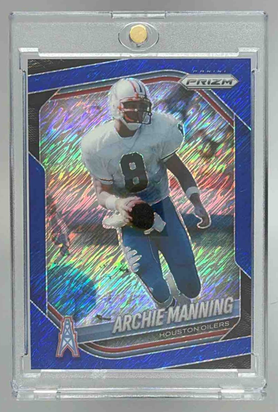 Card image for 2025 Panini Football Prizm Archie Manning Blue Shimmer /35 #166 Houston Oilers