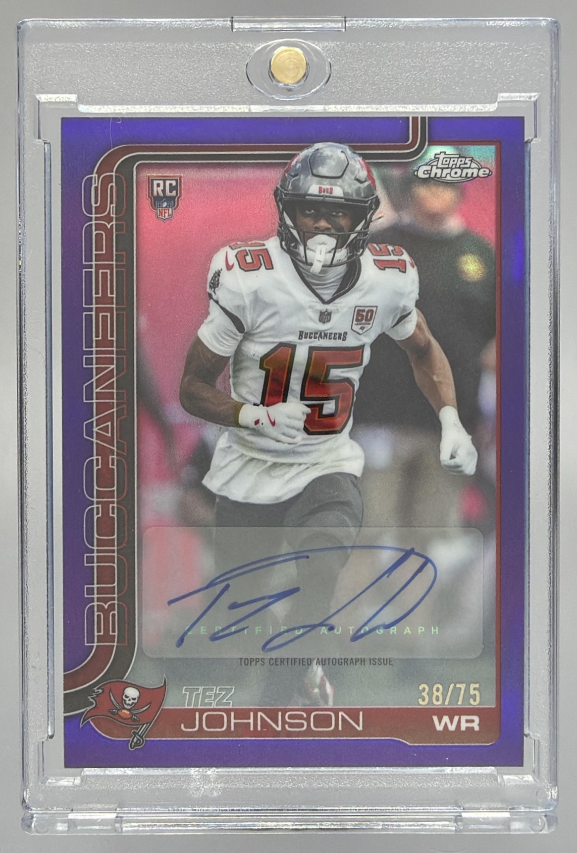 Card image for 2025 Topps Chrome Tez Johnson Rookie Auto Purple Geometric Refractor /75 #RA-TJ RC Buccaneers