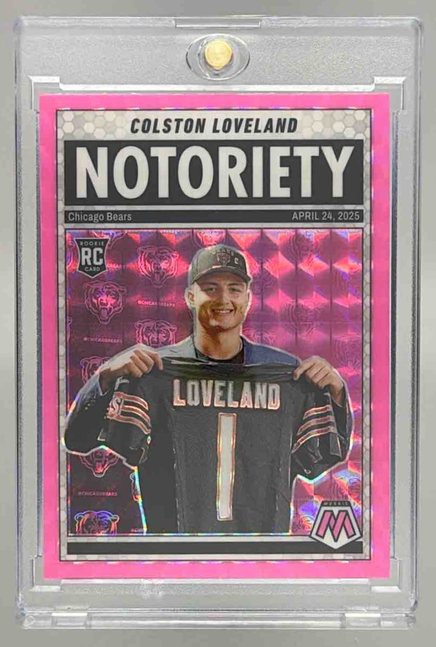 Card image for 2025 Panini Football Mosaic Colston Loveland Notoriety #24 RC Chicago Bears