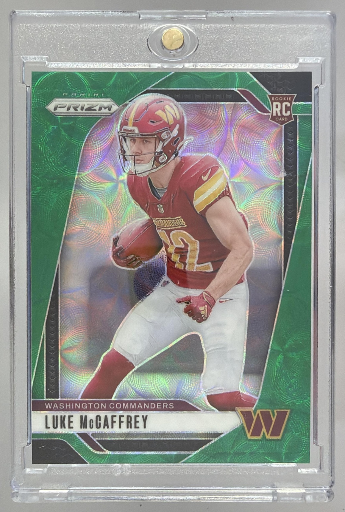 Card image for 2024 Panini Prizm Luke McCaffrey No Huddle Red /75 #367 RC Commanders