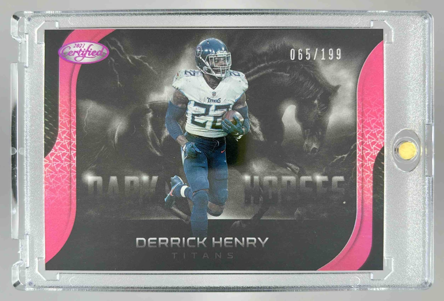 Card image for 2021 Panini Certified Derrick Henry Dark Horses Mirror Pink /199 #DH-4 Titans