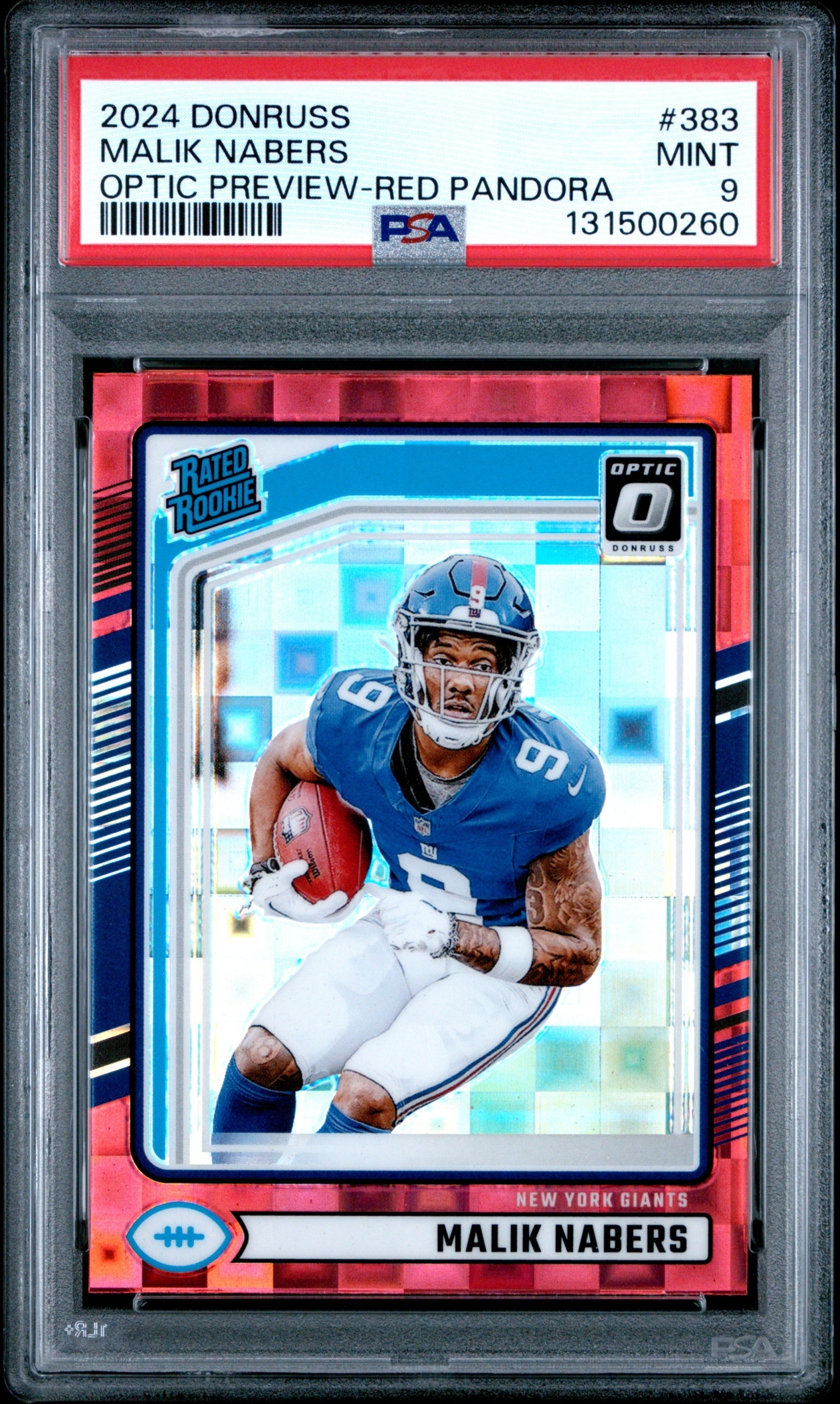 Card image for 2024 Panini Donruss Malik Nabers Optic Rated Rookie Preview Red Pandora #383 Giants