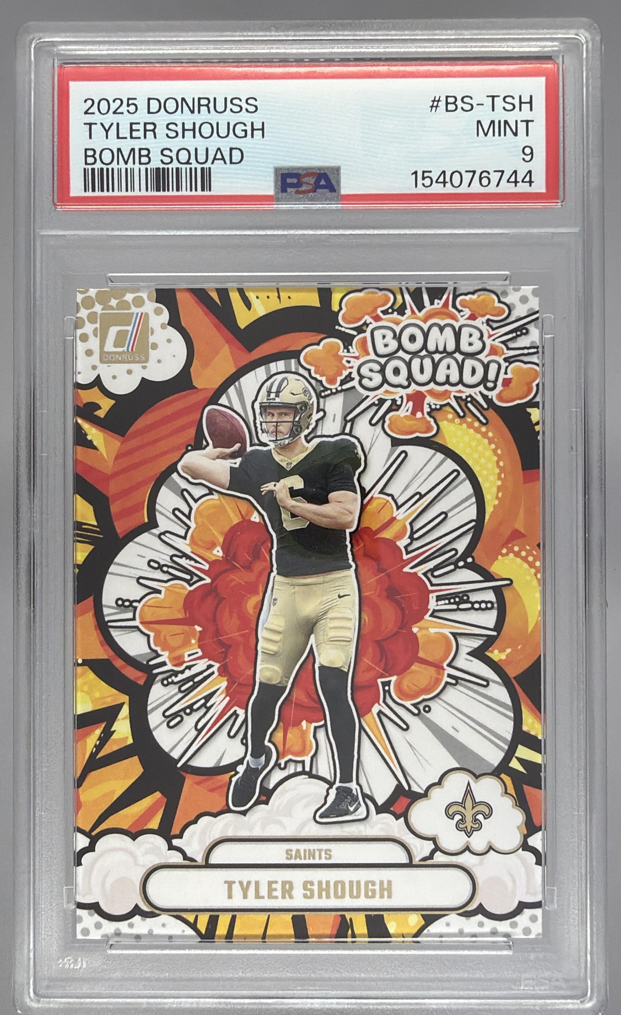 Card image for 2025 Panini Donruss Tyler Shough Bomb Squad #BS-TSH RC Saints