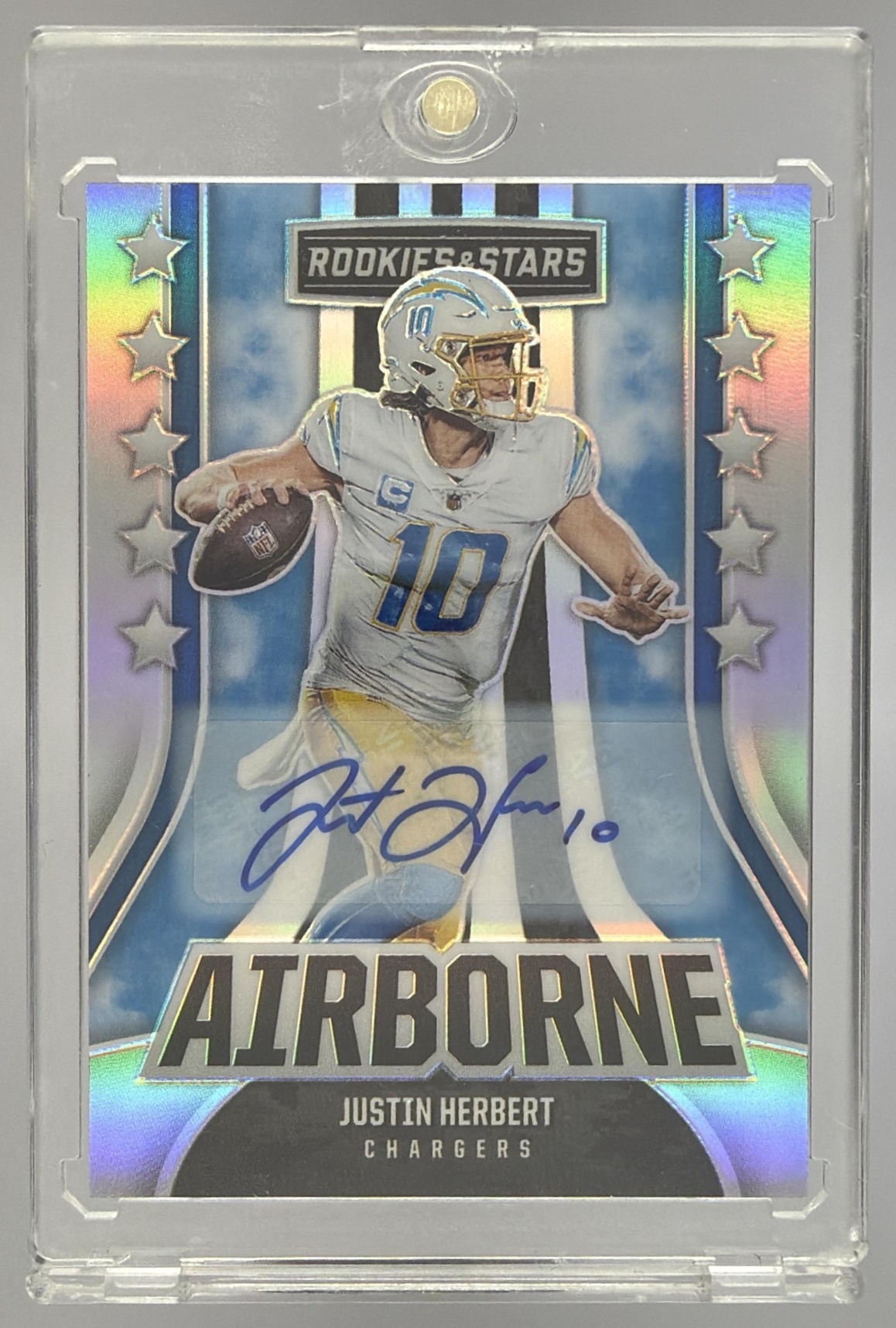 Card image for 2023 Panini Rookies & Stars Justin Herbert Airborne Signatures /25 #AI-18 Auto Chargers
