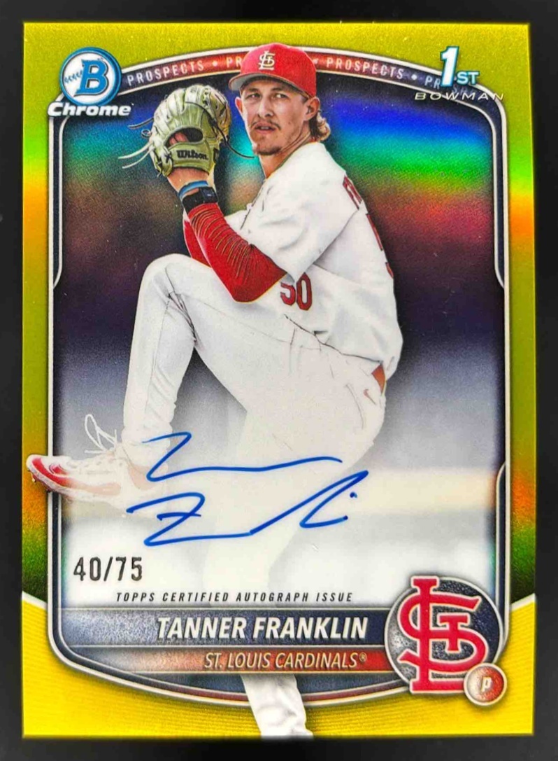 Card image for 2025 Bowman Draft Tanner Franklin Chrome Auto Yellow Refractor /75 1st Prospect