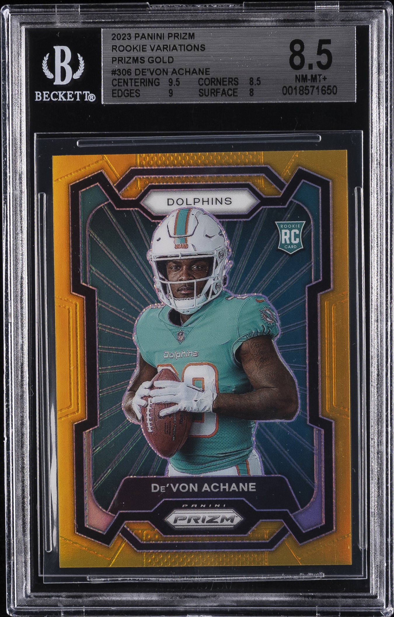 2023 Panini Prizm De'Von Achane Rookie Variations Gold /10 #306 RC BGS 8.5