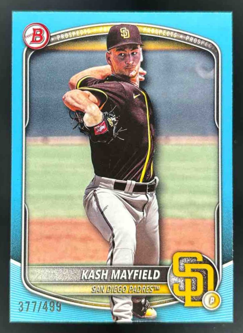 Card image for 2025 Bowman Draft Kash Mayfield Sky Blue Border /499 #BD-95 Padres