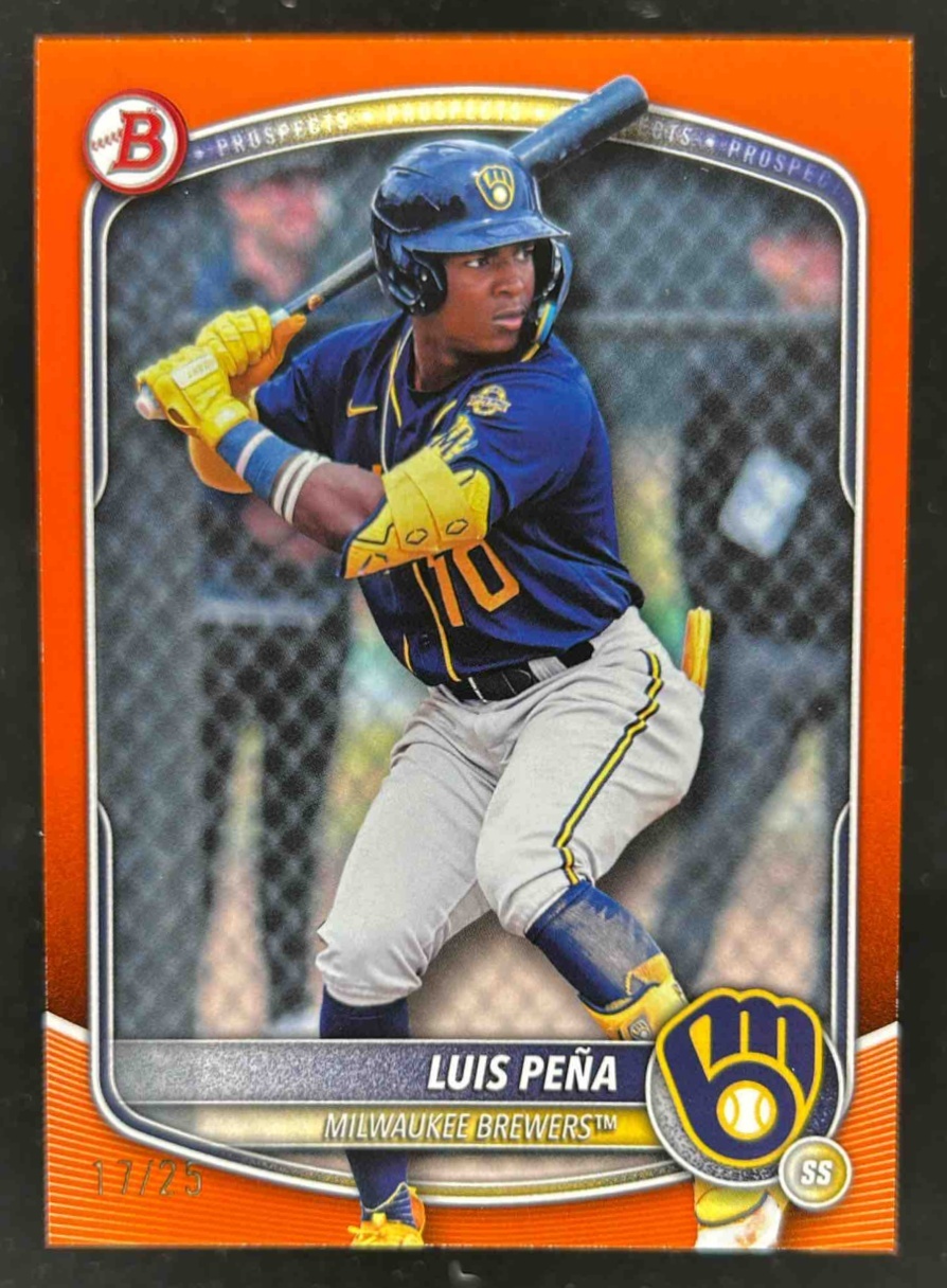 Card image for Luis Pena 2025 Bowman Baseball Draft Orange Border /25 Milwaukee Brewers