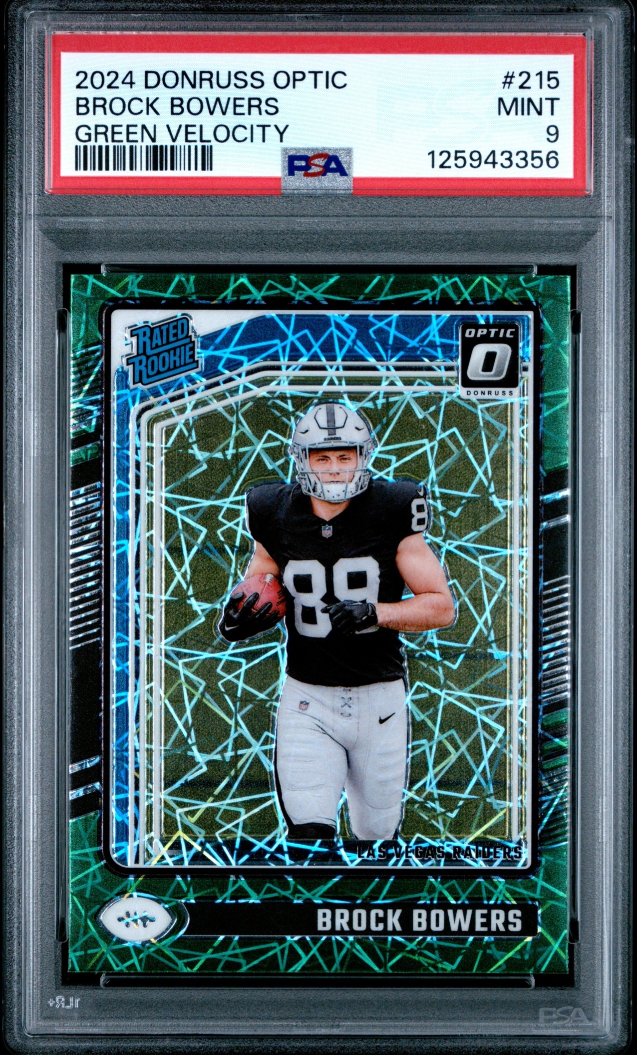 Card image for 2024 Panini Donruss Optic Brock Bowers Green Velocity #215 Rated Rookie Raiders