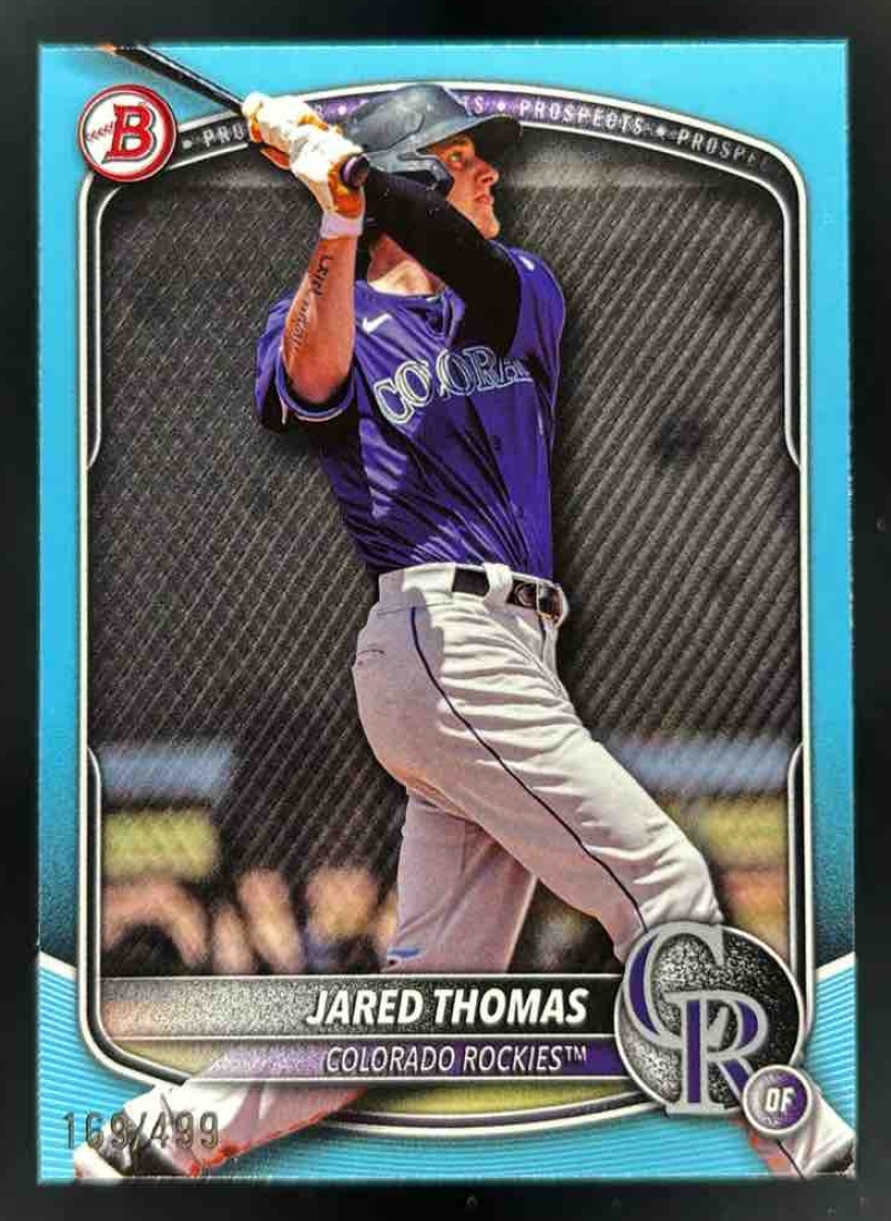 Card image for 2025 Bowman Draft Jared Thomas Sky Blue Border /499 #BD-147 Rockies