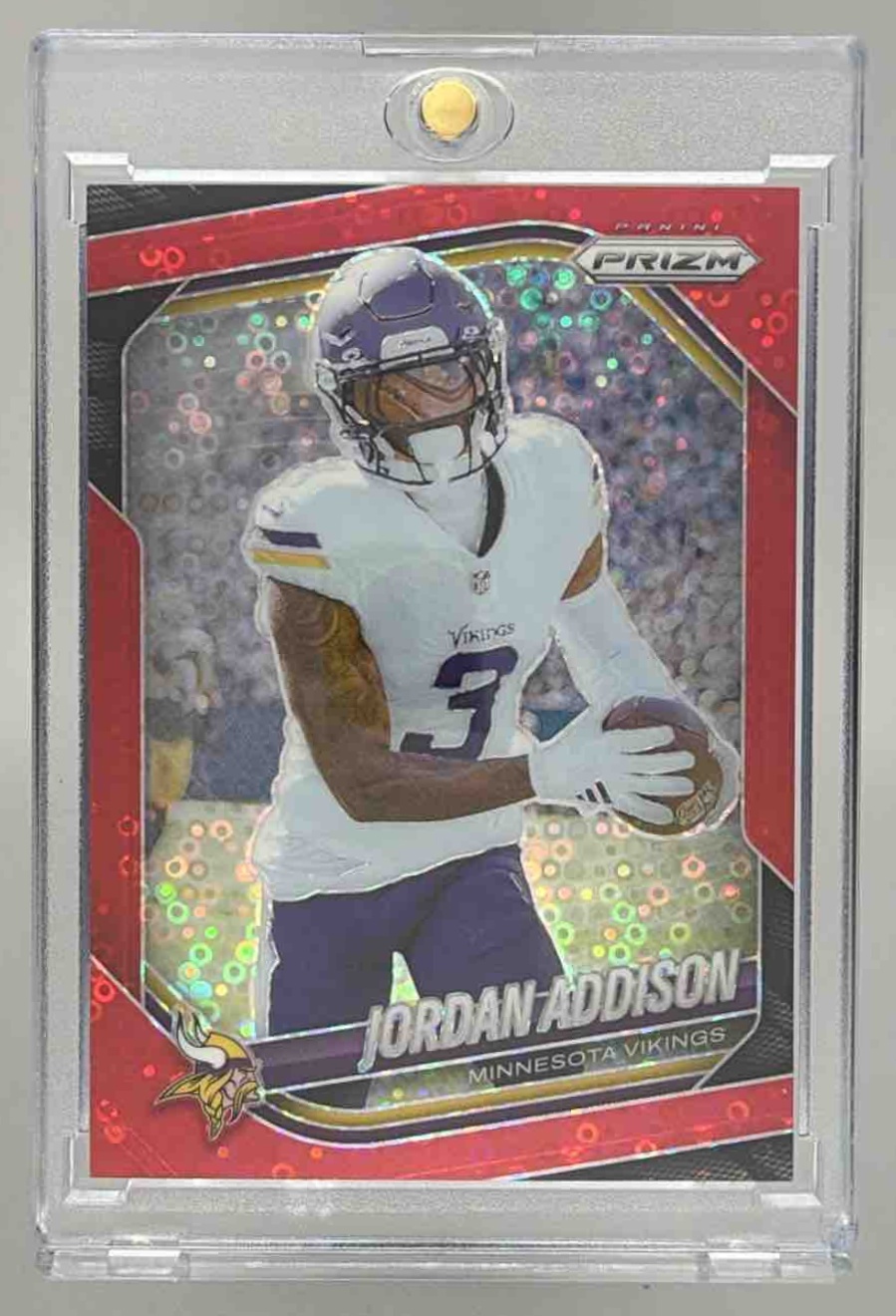 Card image for 2025 Panini Football Prizm Jordan Addison Blue Ice /99 #19 Minnesota Vikings