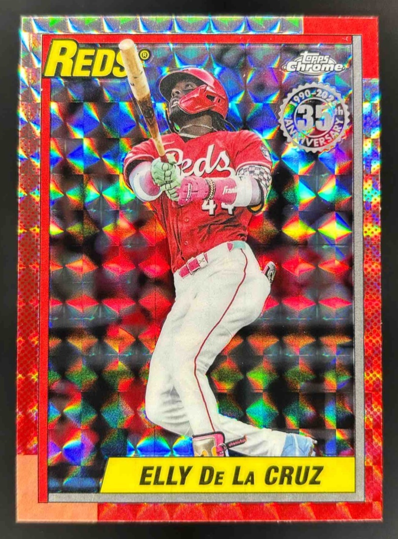 Card image for 2025 Topps Chrome Update Elly De La Cruz 1990 Geometric Refractor #90CU-3 Reds