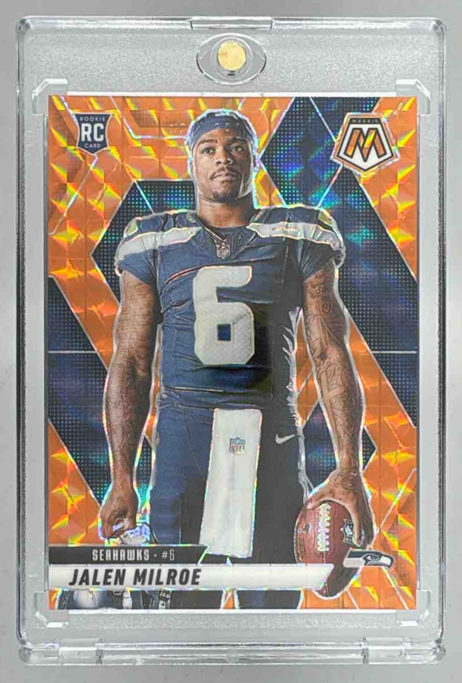 Card image for 2025 Panini Mosaic Jalen Milroe Rookie Variation Orange Prizm /199 #283 RC Seahawks
