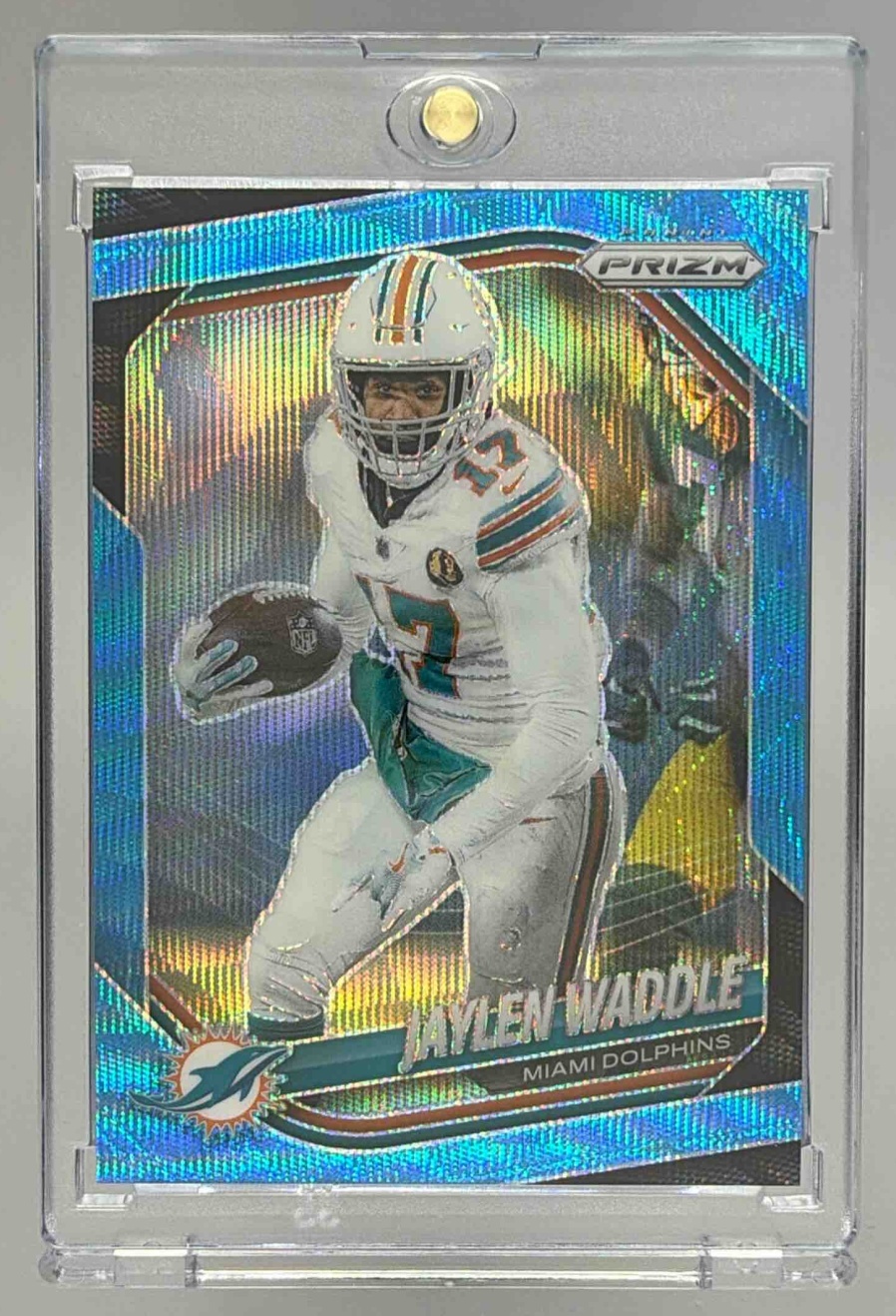 Card image for 2025 Panini Football Prizm Jaylen Waddle Blue Wave /230 #172 Miami Dolphins