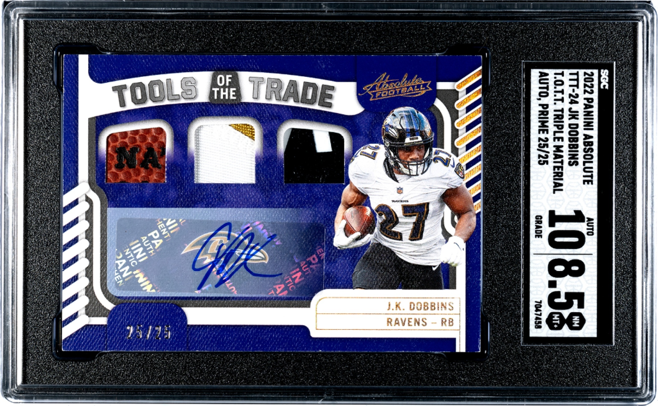 Card image for 2022 Panini Absolute J.K. Dobbins Tools of the Trade Materials Triple Autos Prime /25 #TTT-24 MEM Auto Ravens