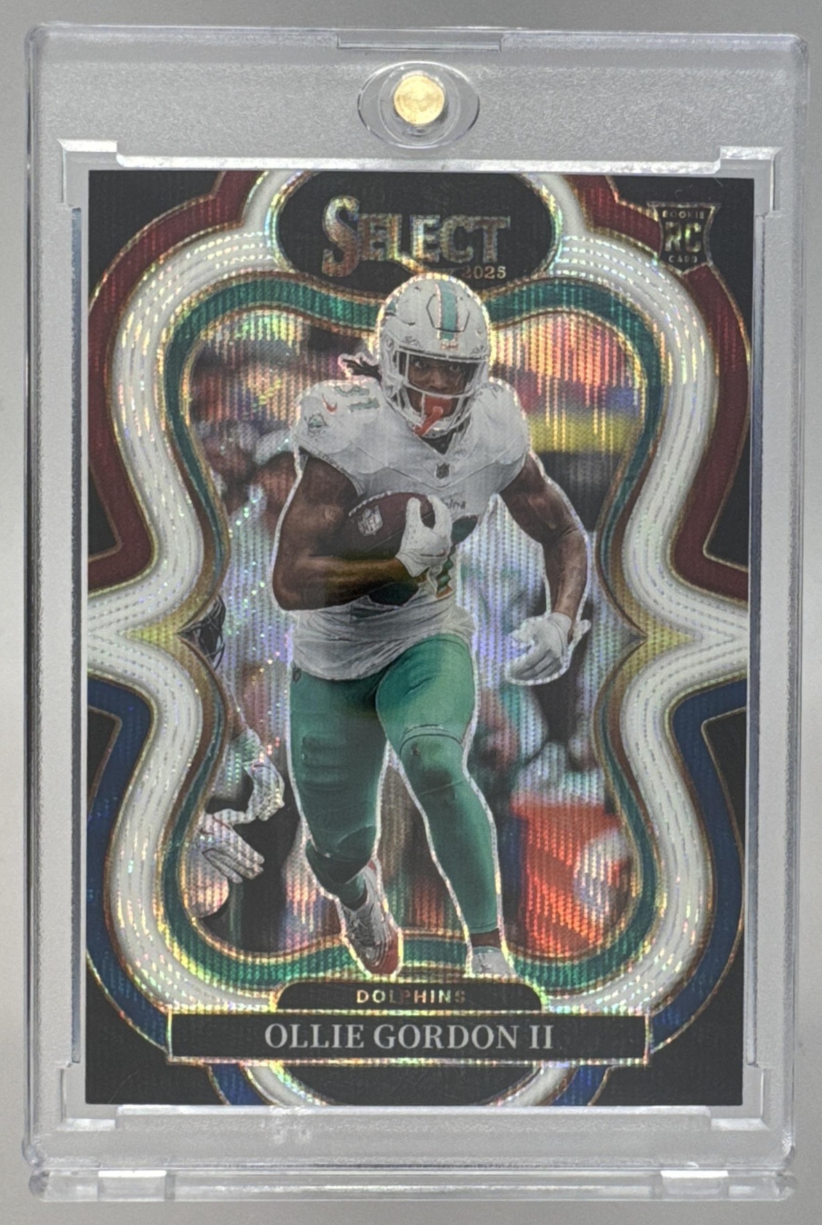 Card image for 2025 Panini Select Ollie Gordon II Suite Level Tri-Color Prizm /199 #383 RC Dolphins