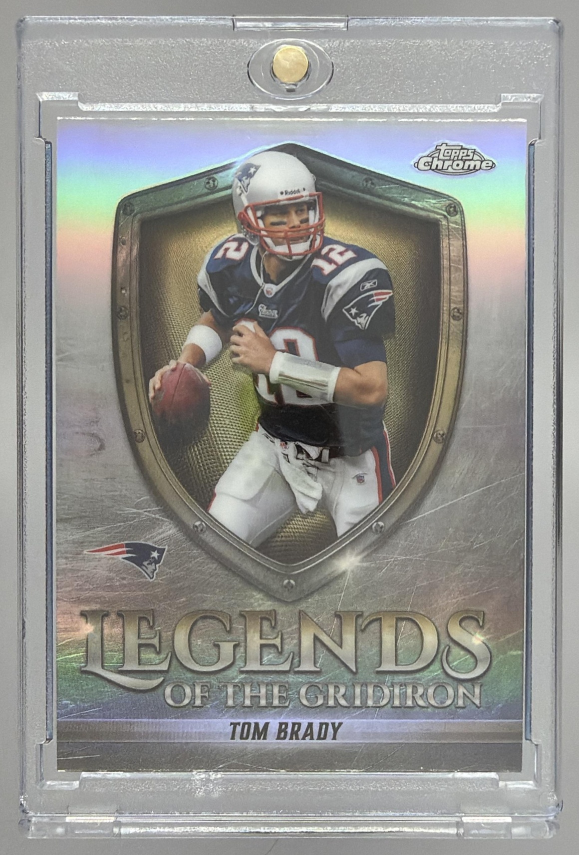 Card image for 2025 Topps Chrome Tom Brady Legends of the Gridiron Refractor #LOG-9 Patriots
