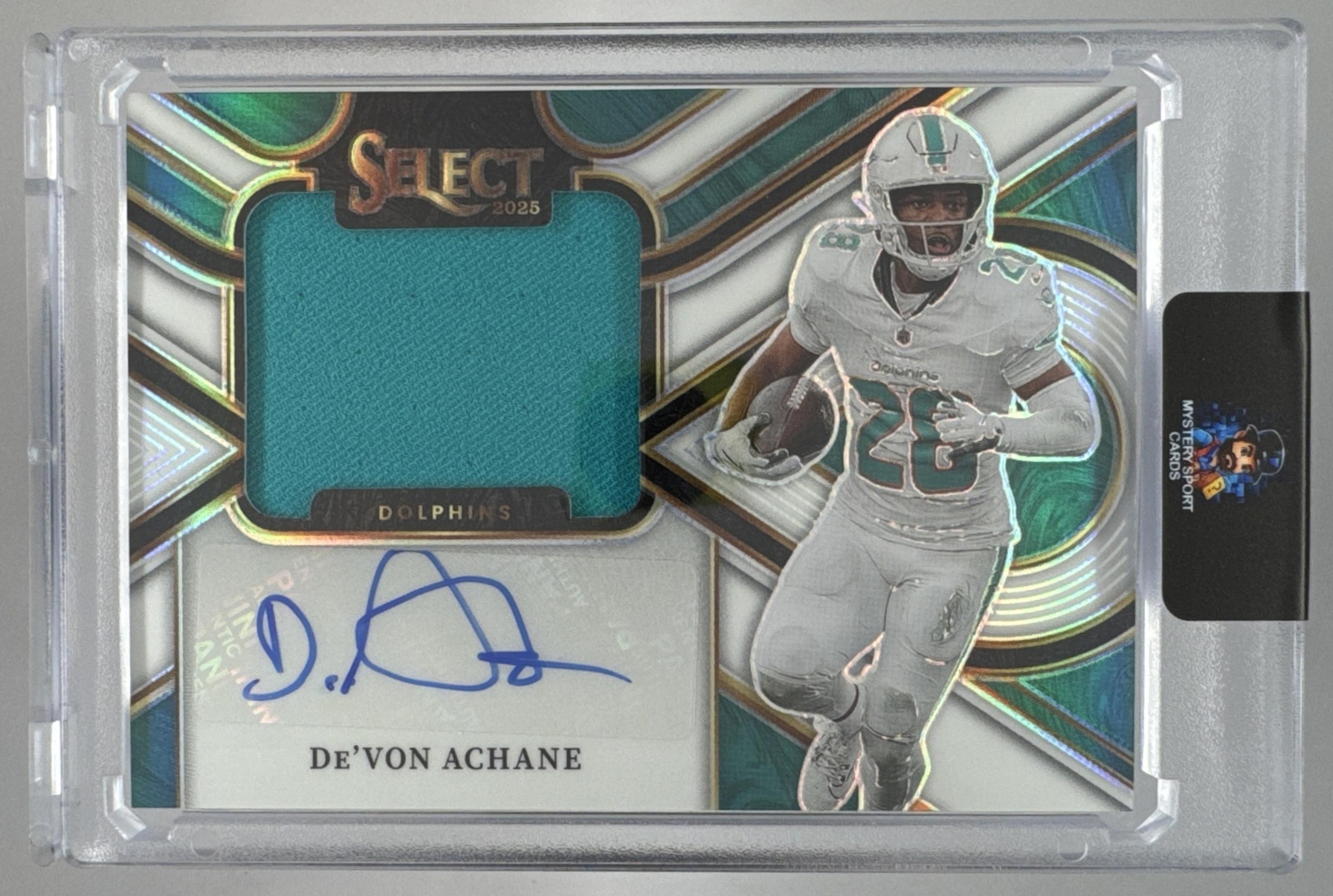 Card image for 2025 Panini Select De'Von Achane Jumbo Signature Swatch White Prizm /75 #JSW-DAE Auto Dolphins