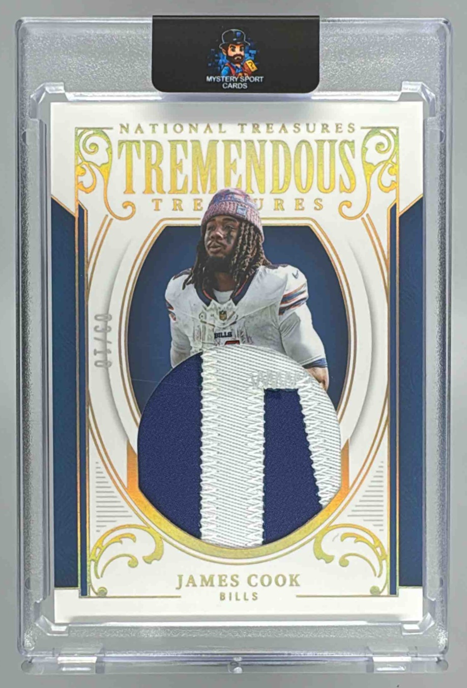 Card image for 2025 Panini National Treasures James Cook Tremendous Holo Gold /10 #TT-JCK Bills