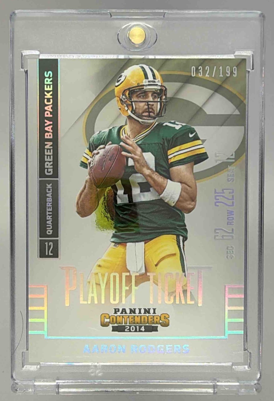 Card image for 2014 Panini Contenders Aaron Rodgers Playoff Ticket /199 #63 Season Packers