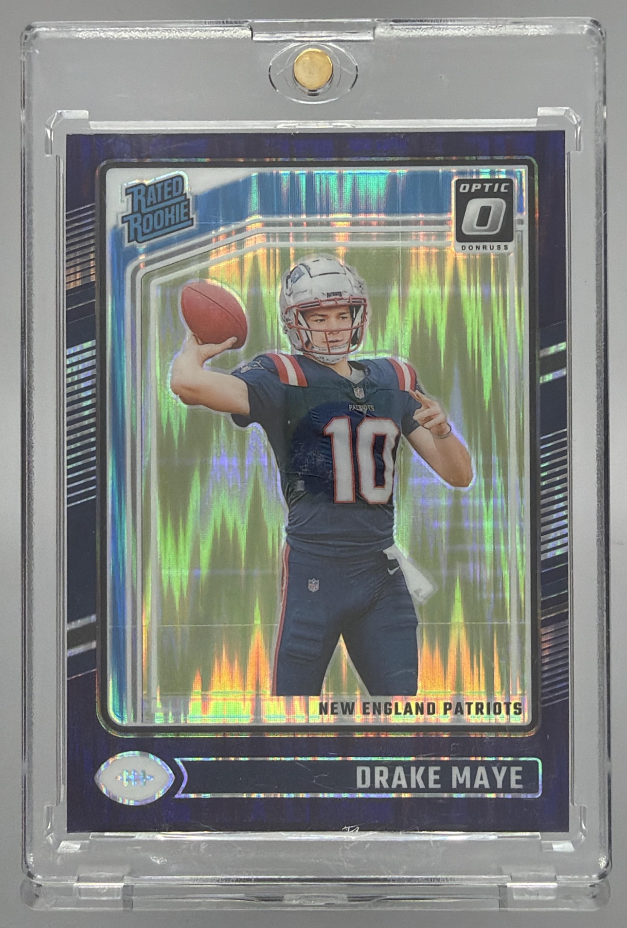 Card image for 2024 Panini Donruss Optic Drake Maye Green Hyper #229 Rated Rookie Patriots
