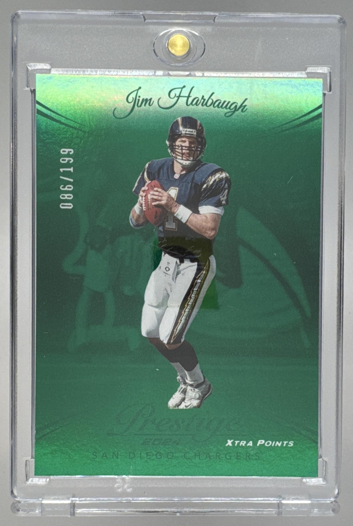 Card image for 2024 Panini Prestige Jim Harbaugh Green Premium Xtra Points /199 #172 Chargers