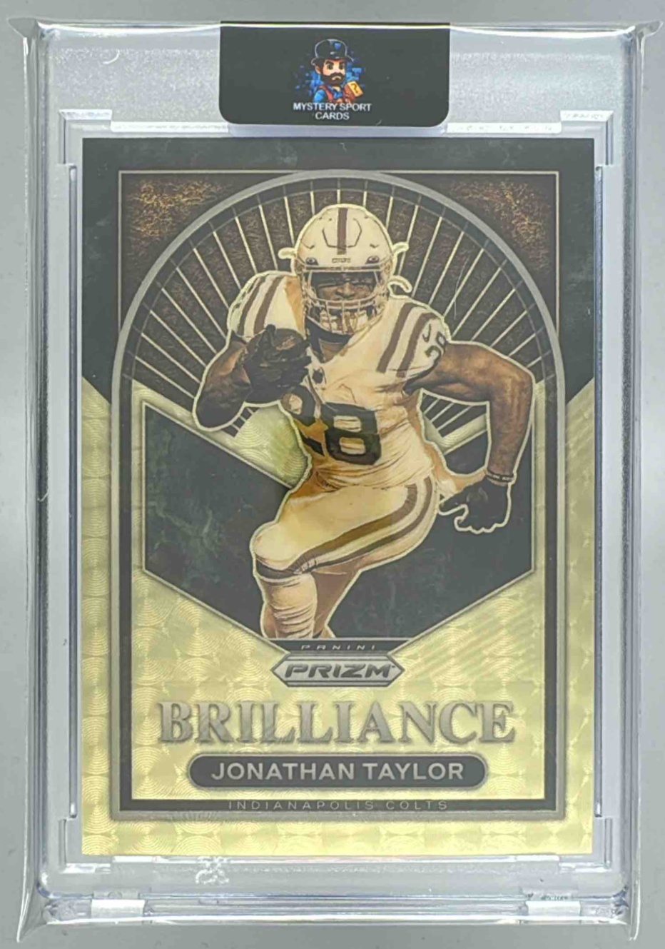 Card image for 2022 Panini Prizm Jonathan Taylor Brilliance Prizms Gold Vinyl /5 #B-13 Colts