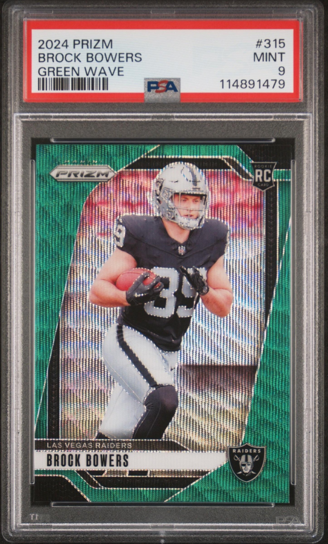 Card image for 2024 Panini Football Prizm Brock Bowers Green Wave #315 RC Las Vegas Raiders