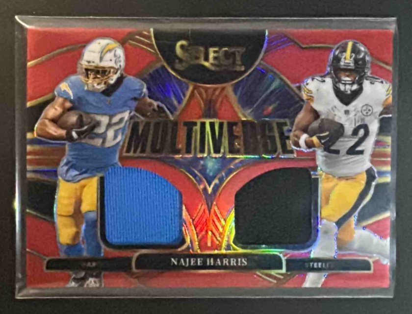 Card image for 2025 Panini Select Najee Harris #MVJ-NHS Multiverse Jerseys Red Prizm