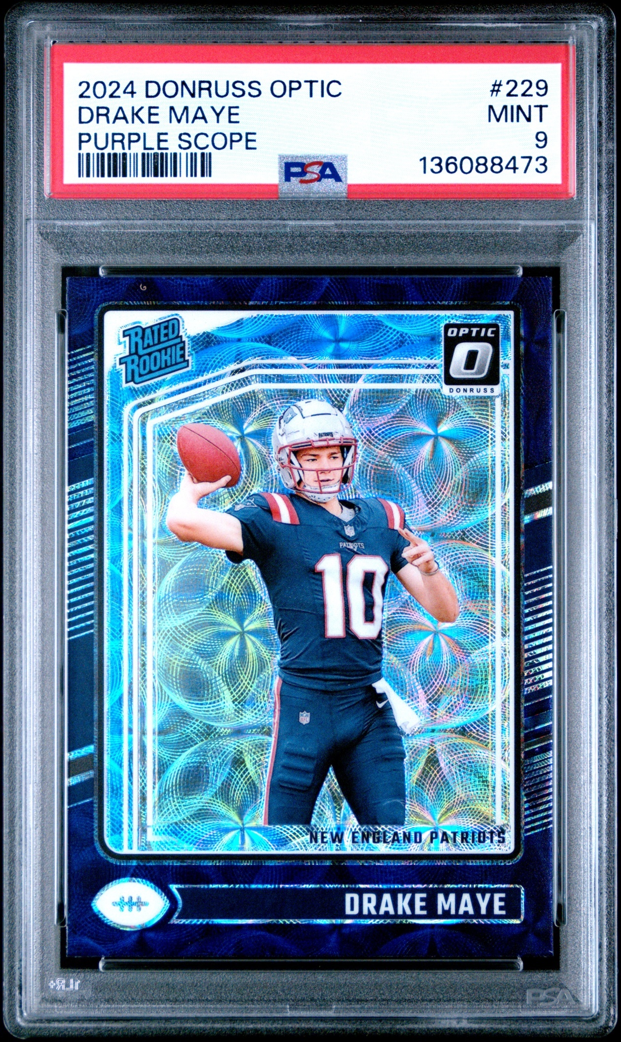Card image for 2024 Panini Donruss Optic Drake Maye Purple Scope #229 Rated Rookie Patriots