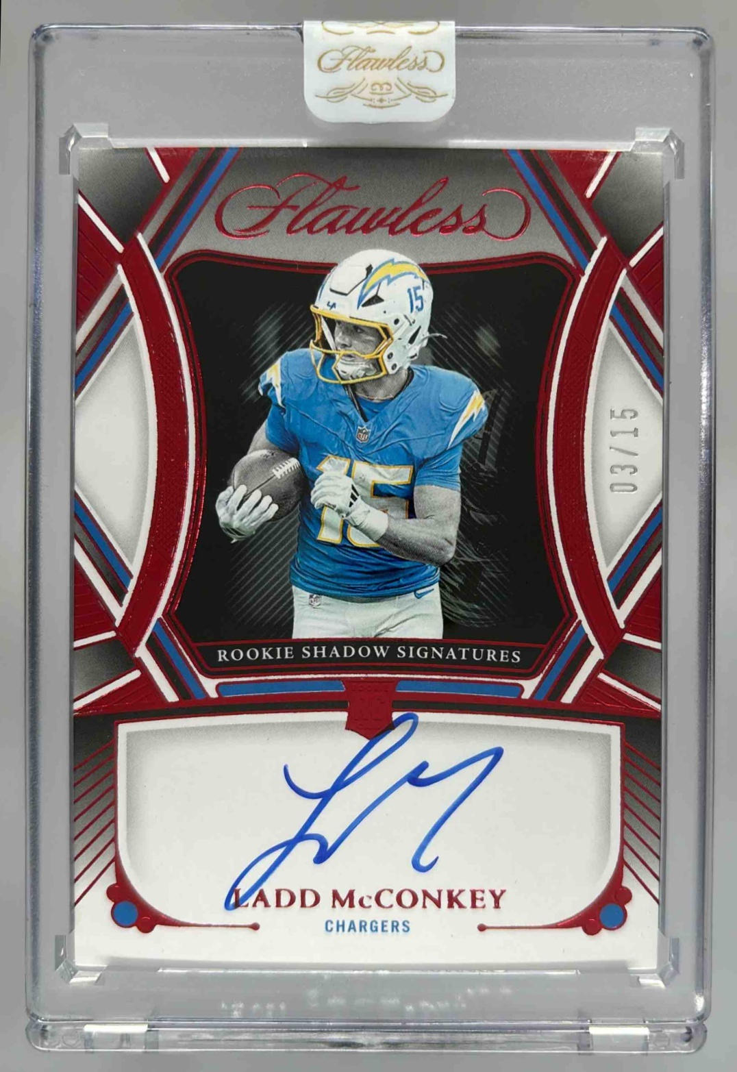 Card image for 2025 Panini Flawless Ladd McConkey Auto Ruby /15 #RSS-LMY Chargers